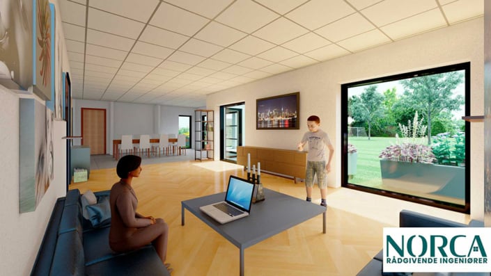 3D tegning af stor stue med sildebensparket gulv