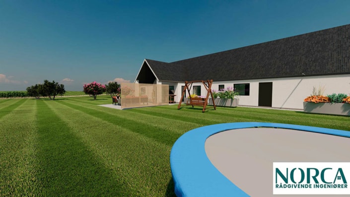 3D tegning af hus med have
